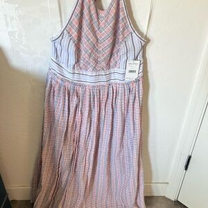 Free People Color Theory Plaid Pink and Blue Striped Maxi Dress